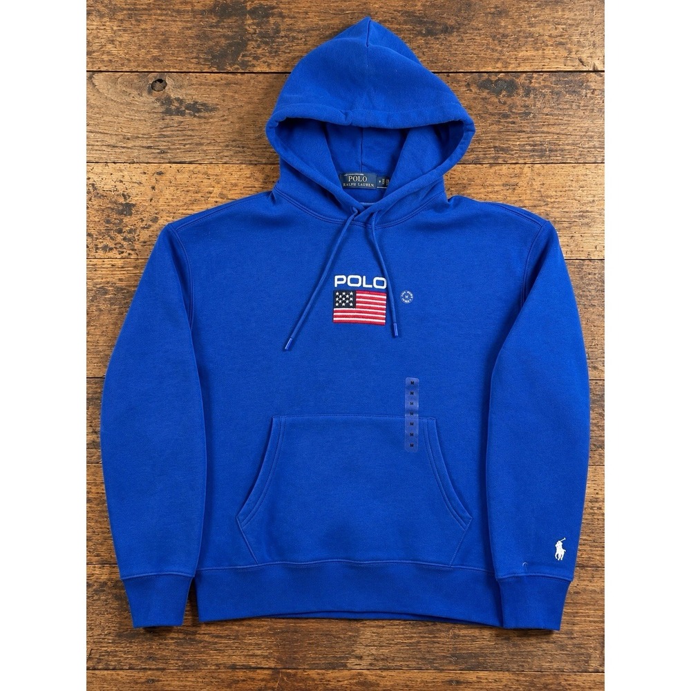 Polo Ralph Lauren Flag Fleece Hoodie Mens M Blue USA American Flag Embroidered